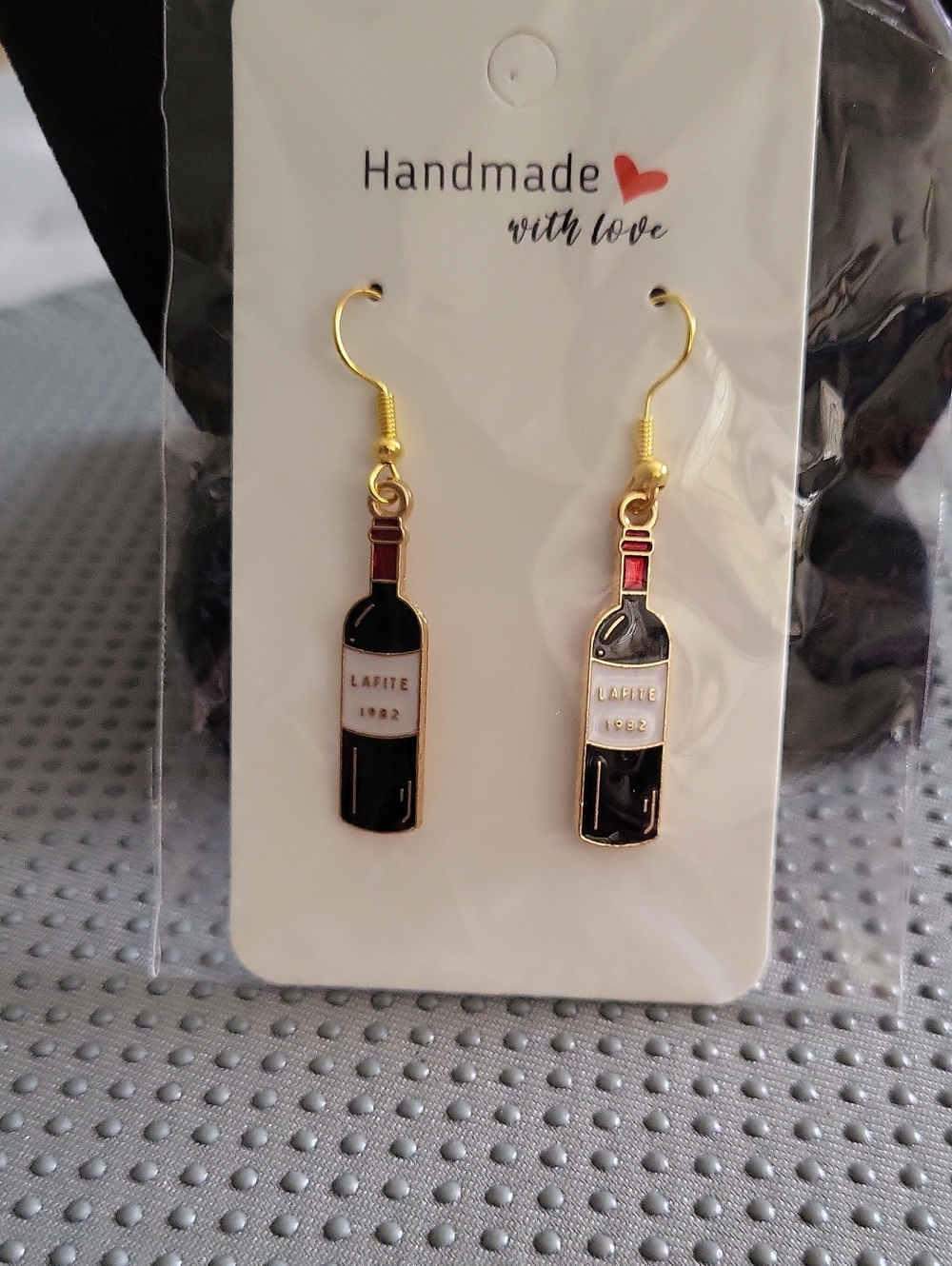 Fashion Jewelry Handmade Wine Bottle Dangle Earrings - Black & Gold 2" L